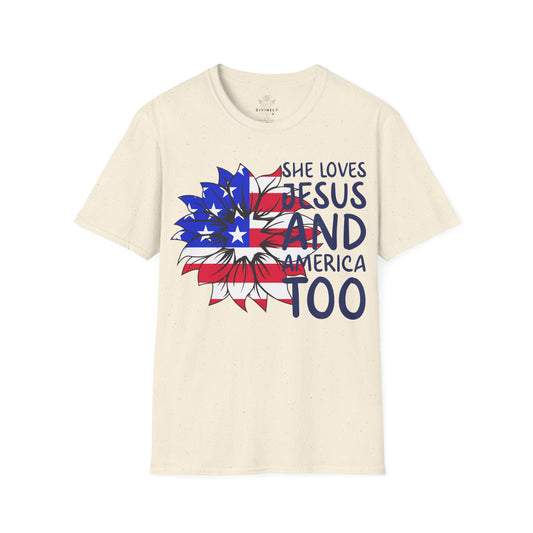 4TH Of July She Loves Jesus Flower Flag Patriotic T-Shirt