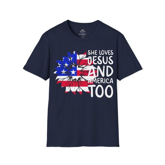 4TH Of July She Loves Jesus Flower Flag Patriotic T-Shirt